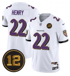 Men Baltimore Ravens 22 Derrick Henry White 2025 F U S E  Jacoby Jones Patch Vapor Limited Football Jersey Men Baltimore Ravens 22 Derrick Henry White 2025 F U S E  Jacoby Jones Patch Vapor Limited Football Jersey