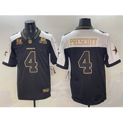 Men Dallas Cowboys 4 Dak Prescott Black Gold 2025 F U S E  With 5x Super Bowl Champions  26 Established In 1960 Patch Vapor Limited Stitched Football Jerse