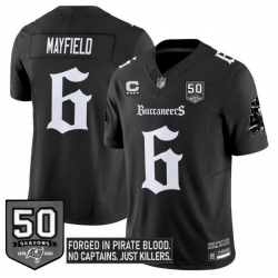 Men Tampa Bay Buccaneers 6 Baker Mayfield Black F U S E  50th Season  26 4 Star C Patch Gothic Pirate Shadows Edition Limited Stitched Football Jersey
