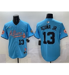 Men Atlanta Braves 13 Ronald Acua Jr  Blue 2024 Atliens  26 Peach With Outkast Patch Vapor Limited Stitched Baseball Jersey Men Atlanta Braves 13 Ronald Acua Jr  Blue 2024 Atliens  26 Peach With Outkast Patch Vapor Limited Stitched Baseball Jersey