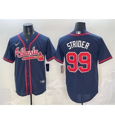 Men Atlanta Braves 99 Spencer Strider Navy Cool Base Stitched Baseball Jersey Men Atlanta Braves 99 Spencer Strider Navy Cool Base Stitched Baseball Jersey