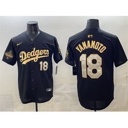 Men Los Angeles Dodgers 18 Yoshinobu Yamamoto Black Gold 2025 World Series Champions Patch Limited Stitched Baseball Jersey