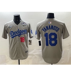 Men Los Angeles Dodgers 18 Yoshinobu Yamamoto Grey 2025 World Series Patch Limited Stitched Baseball Jersey