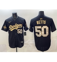 Men Los Angeles Dodgers 50 Mookie Betts Black Gold 2025 World Series Champions Patch Limited Stitched Baseball Jersey