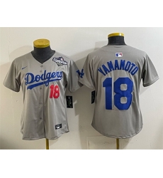 Women Los Angeles Dodgers 18 Yoshinobu Yamamoto Grey 2025 World Series Patch Limited Stitched Baseball Jersey Women Los Angeles Dodgers 18 Yoshinobu Yamamoto Grey 2025 World Series Patch Limited Stitched Baseball Jersey