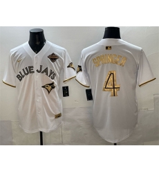Men Toronto Blue Jays 4 George Springer White Gold 2025 American League Champions Limited Stitched Baseball Jersey Men Toronto Blue Jays 4 George Springer White Gold 2025 American League Champions Limited Stitched Baseball Jersey