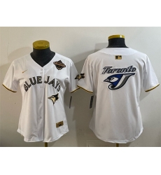 Women Toronto Blue Jays Team Big Logo White Gold 2025 American League Champions Limited Stitched Baseball Jersey 