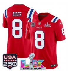 Men New England Patriots 8 Stefon Diggs Red 2025 F U S E  Super Bowl LX Patch And USA 250 27 Patch Vapor Limited Football Stitched Jersey