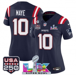Women New England Patriots 10 Drake Maye Navy 2025 F U S E  1 Star C Patch And Super Bowl LX Patch  26 USA 250 27 Patch Vapor Limited Football Stitched Jer