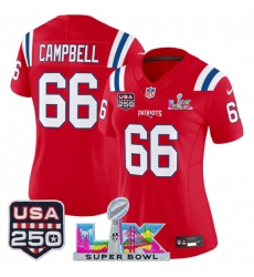 Women New England Patriots 66 Will Campbell Red 2025 F U S E  Super Bowl LX Patch And USA 250 27 Patch Vapor Limited Football Stitched Jersey 