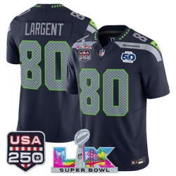 Men Seattle Seahawks 80 Steve Largent Navy 2025 F U S E  Super Bowl LX Patch And 50th Season  USA 250 Patch Vapor Limited Football Stitched Jersey