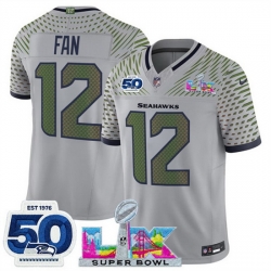 Youth Seattle Seahawks 12 Fan Grey 2025 F U S E  Super Bowl LX Patch And 50th Season Patch  Rivalries Vapor Limited Stitched Football Jersey