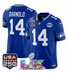 Youth Seattle Seahawks 14 Sam Darnold Royal 2025 F U S E  Super Bowl LX Patch And 50th Season  USA 250 Patch Vapor Throwback Limited Stitched Football Jers