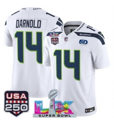 Youth Seattle Seahawks 14 Sam Darnold White 2025 F U S E  Super Bowl LX Patch And 50th Season  USA 250 Patch Vapor Limited Stitched Football Jersey