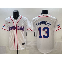 Men Dominican Republic Baseball  13 Junior Caminero White 2026 World Baseball Classic Home Stadium Stitched Jersey